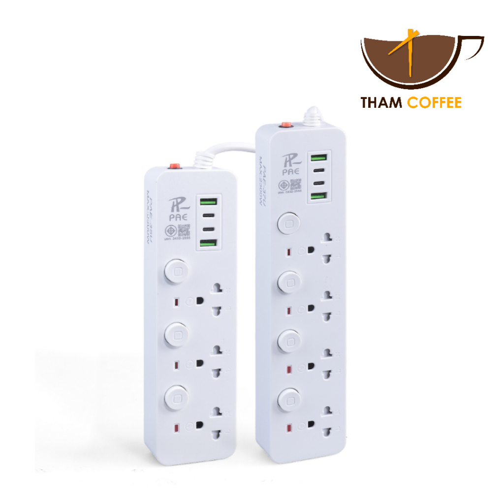 ปลั๊กสายต่อพ่วง รางปลั๊กไฟ ความยาวสาย 3เมตร 5เมตร 10เมตร มีช่องสำหรับ Usb และ TypeC Tham coffee