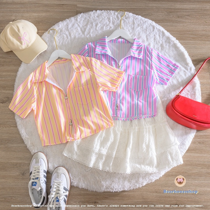Hearty Pastel Shirt เสื้อเชิ้ตลายทาง คอปกซิปหัวใจ