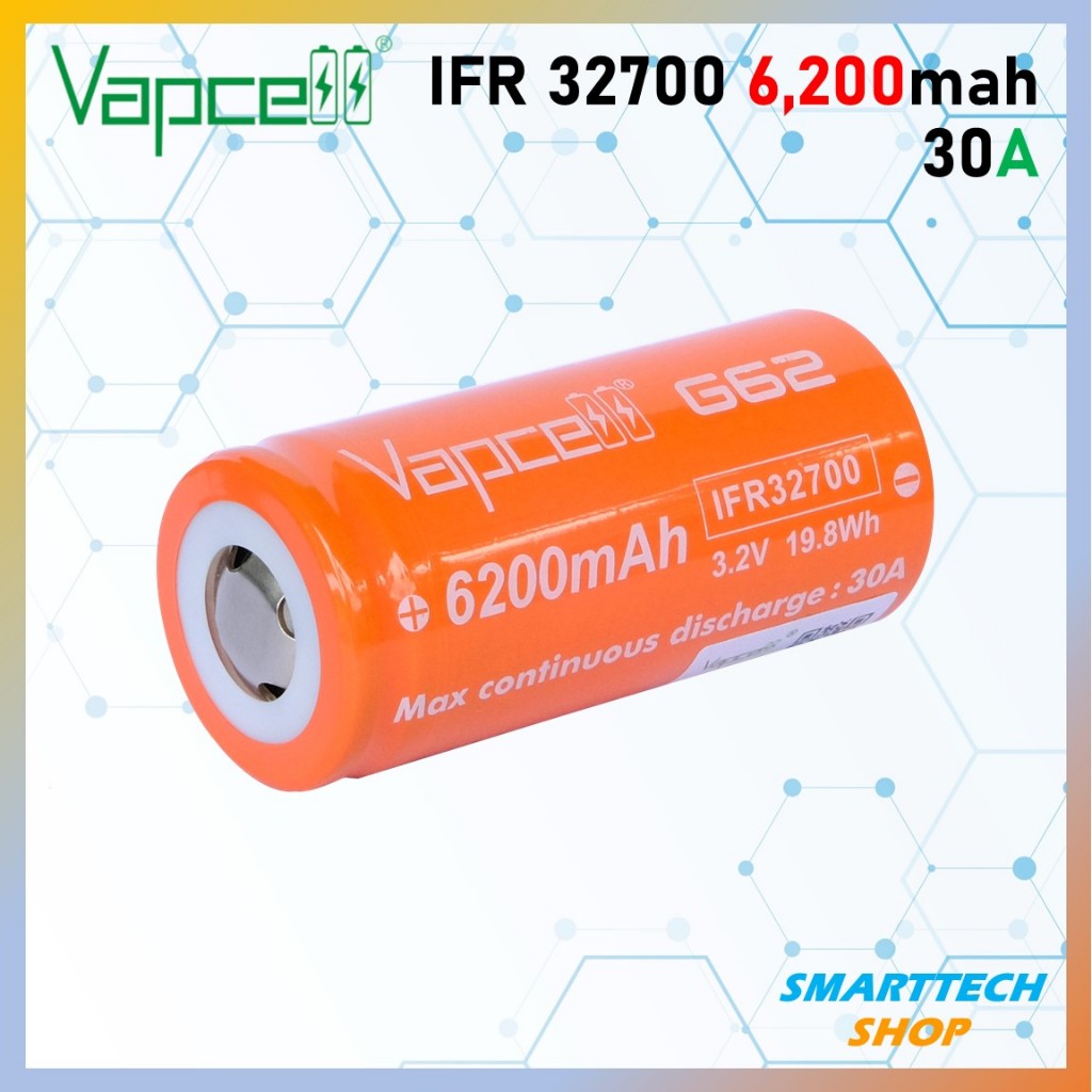 ถ่านชาร์จ Vapcell G62 LiFePO4 3.2V จ่ายไฟต่อเนื่อง 30A 6200mAh แบตเตอรี่ 32700 แท้100% ประกัน 1เดือน