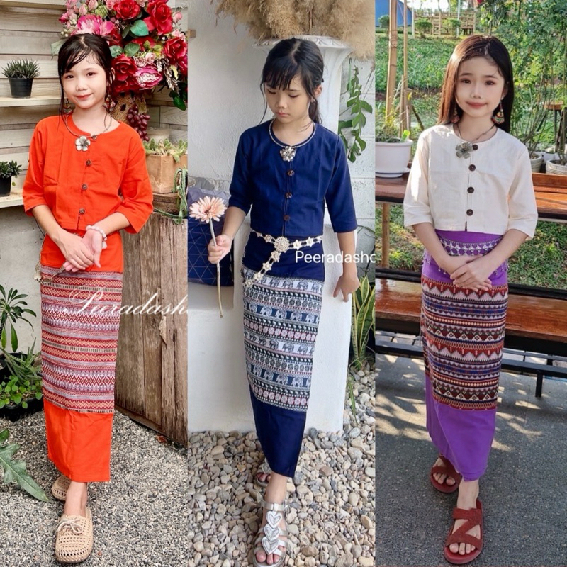 ชุดกาสะลองเด็ก เสื้อผ้าฝ้ายแขน5ส่วนแต่งกระดุมกะลา+ผ้าซิ่นแบบเชือกผูก