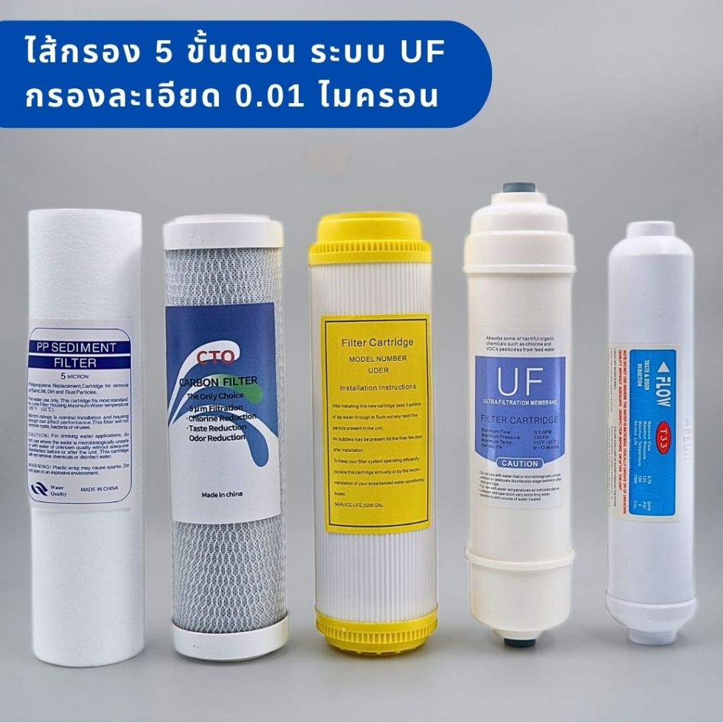 ชุดไส้กรอง 5 ขั้นตอน ระบบ UF กรองละเอียด 0.01 ไมครอน ไส้กรองคุณภาพสูง วัสดุ Food grade