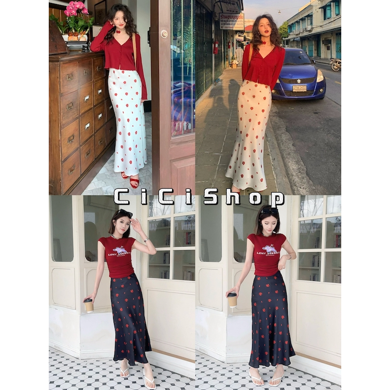 Cicishop(6033-1)กระโปรงยาวผ้าพริ้ว ดีเทลลายดอกกุหลาบ ใส่วันสบายๆสไตล์เกาหลี
