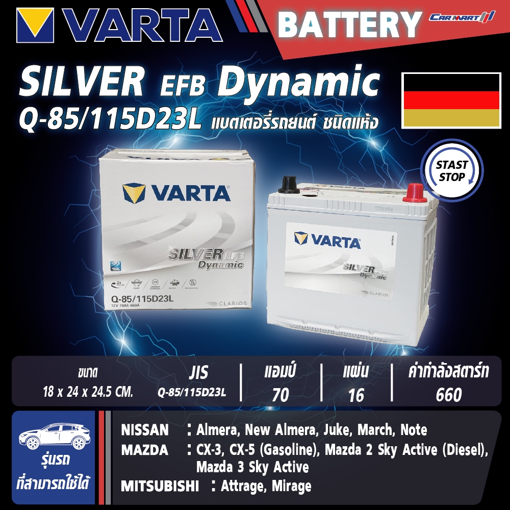 แบตเตอรี่ VARTA รุ่น Silver Dynamic EFB Q85L/R (115D23L/R) แบตเตอรี่แห้ง (ไม่ต้องดูแลน้ำกลั่น)