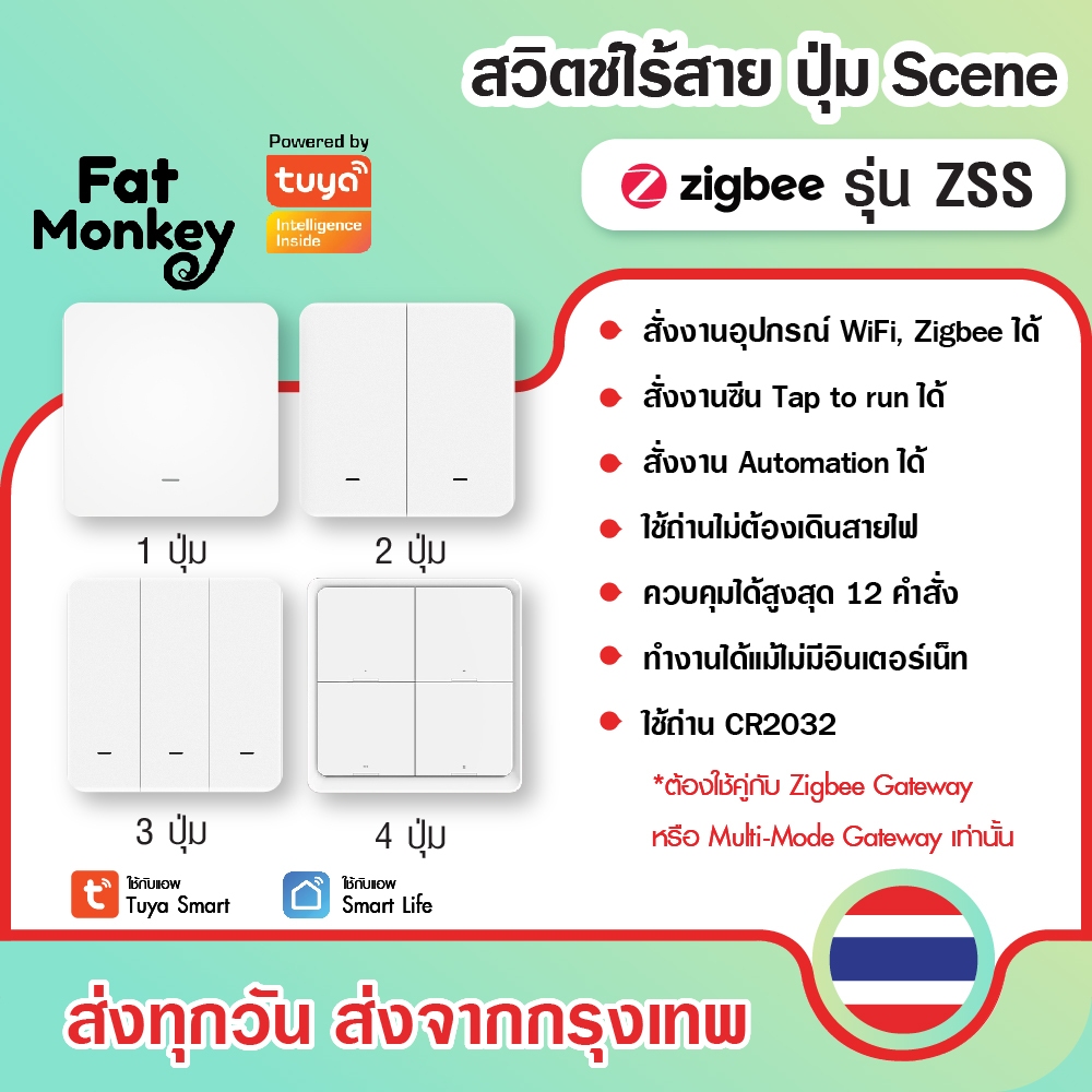 Tuya Zigbee Wireless Scene Switch รุ่น ZSS แป้นสวิตช์เปิดปิดไฟ ปุ่ม Scene ไร้สาย แบบใช้ถ่าน สำหรับสั