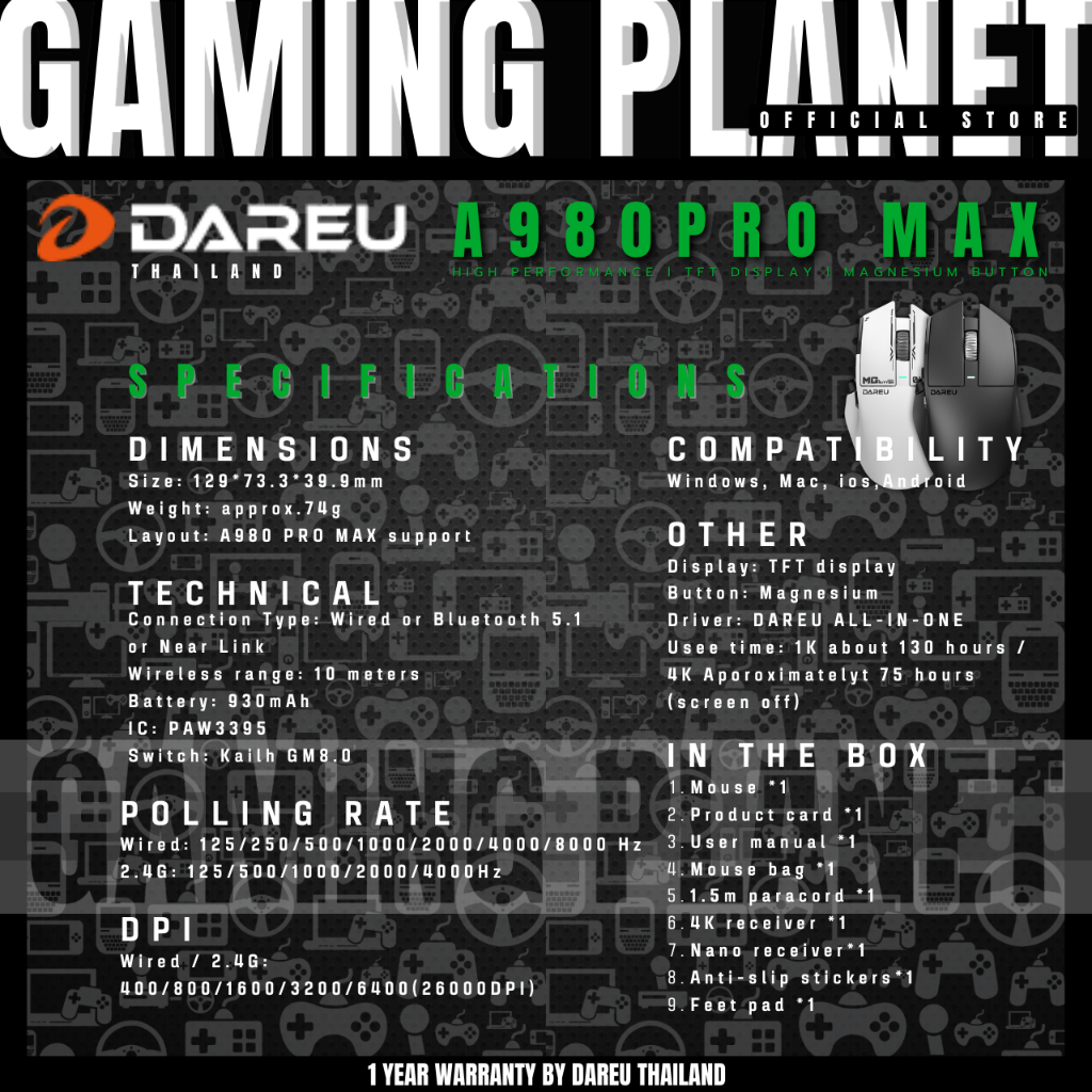 DAREU A980 PRO MAX 8Khz Three Mode Mouse เม้าส์เกมมิ่งไร้สาย 8Khz มีจอ TFT
