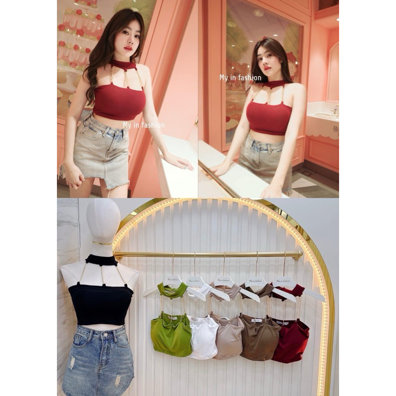 เสื้อครอปเสริมฟองน้ำ แต่งโซ่หรูหราเซ็กซี่มากแม่