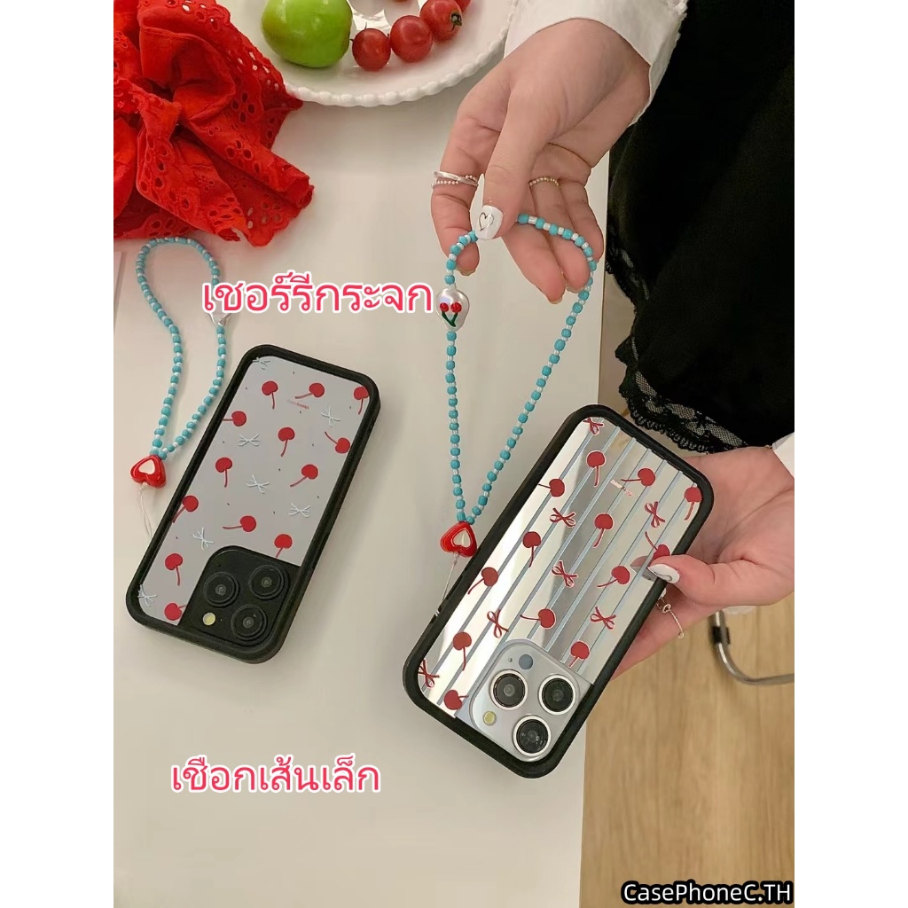 จัดส่งภายใน 24 ชั่วโมง เคส Iphone 15 14 13 12 Pro Maxเชอร์รี่กระจกโบว์โซ่สีฟ้าใหม่ขายดี iPhone 13 น่ารัก เคส โทป้องกัน