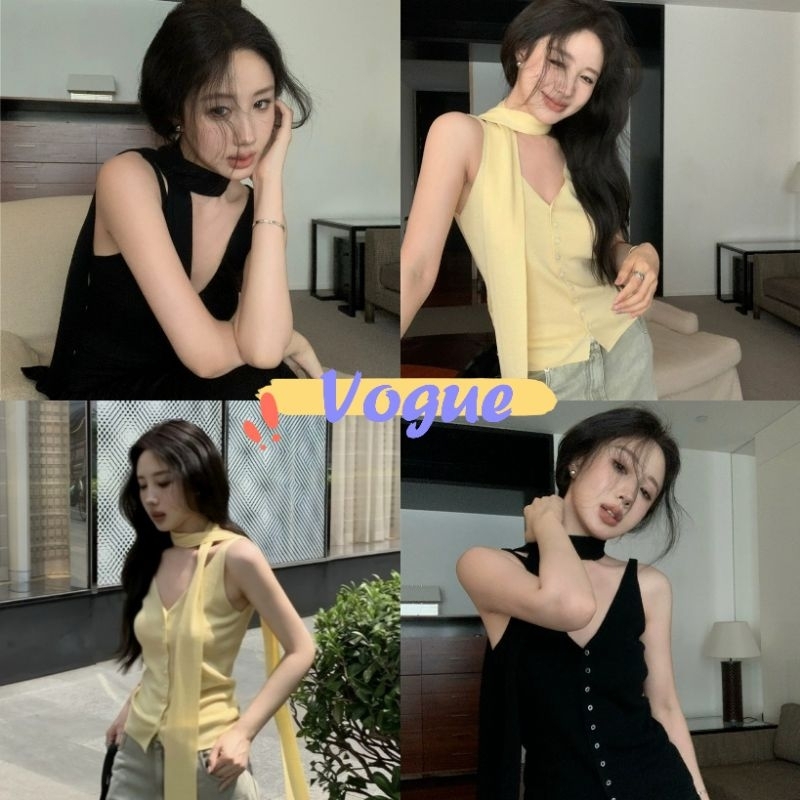 Vogue พร้อมส่ง เสื้อกล้ามไหมพรม คอวี กระดุมด้านหน้า แถมสายคาดเก๋ๆ (M1157)