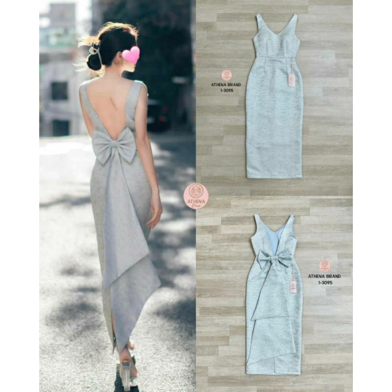 (XS-XL) Athena พร้อมส่งเดรสสคอวีหน้าอกเสริมฟองน้ำจัดทรงสวยดีไซน์ เว้าหลังและแต่งเข็มกลัดโบว์(ถอดออกได้)สวยละมุน