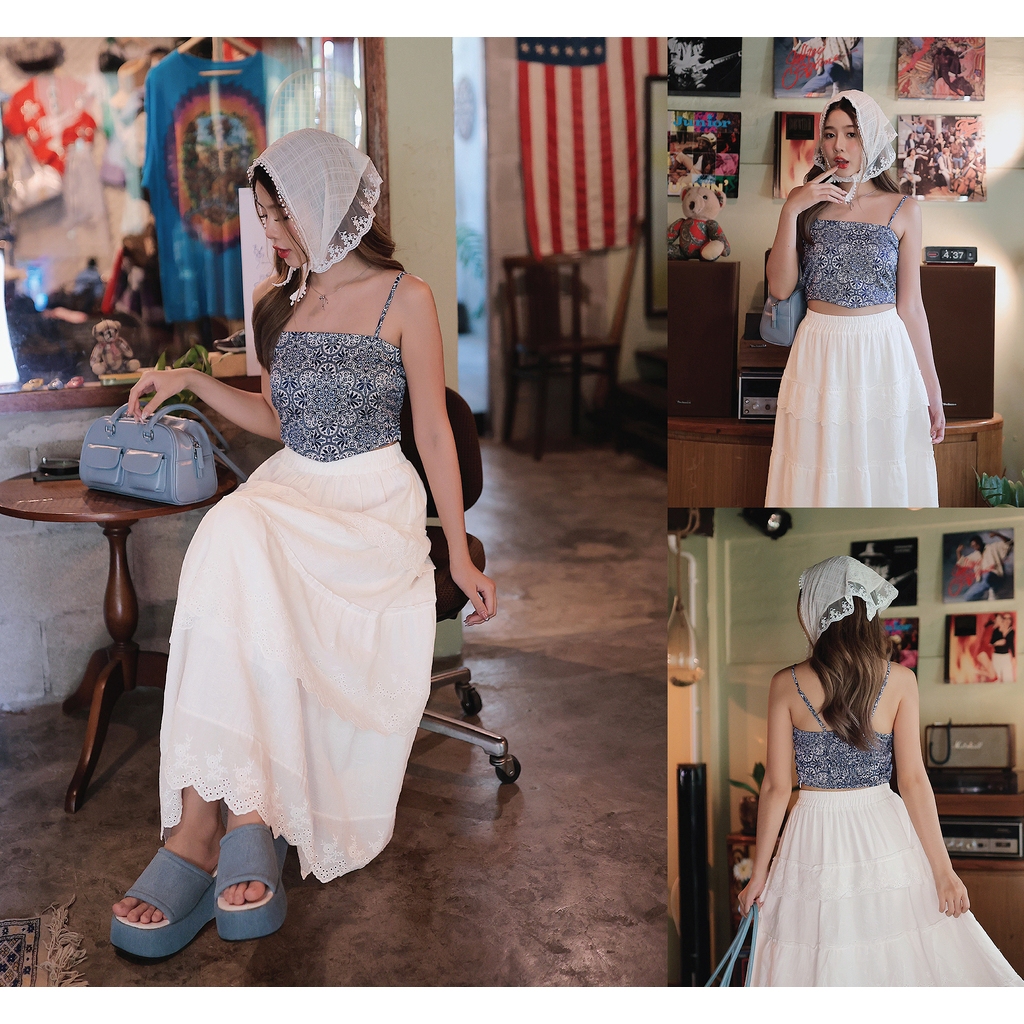 [Sale ปกติ 490 เหลือ 200 บ.] เสื้อสายเดี่ยวครอปพิมพ์ลายเส้น มี 3 สี : โทนน้ำเงิน, โทนส้มคราม, โทนส้มน้ำตาล - NUMBERSEVEN