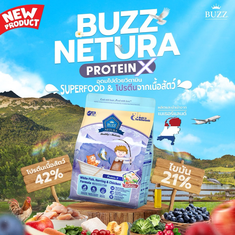 Buzz Netura - อาหารแมว บัซซ์ เนทูร่า โฮลิสติก เกรนฟรี โปรตีน เอ็กซ์ สูตร ปลาเนื้อขาว ปลาแฮร์ริ่ง และไก่ - 1 kg