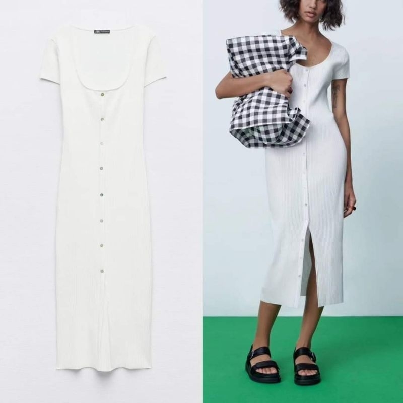 Zara White Ribbed Midi Dress