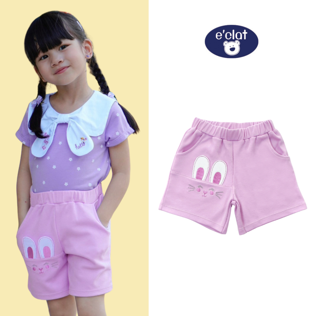 e'clat กางเกงขาสั้นขอบเอวยางยืด มีกระเป๋า งานปักลายกระต่าย เด็กผู้หญิง1-6ปี ผ้ายืด เนื้อนุ่ม 8026