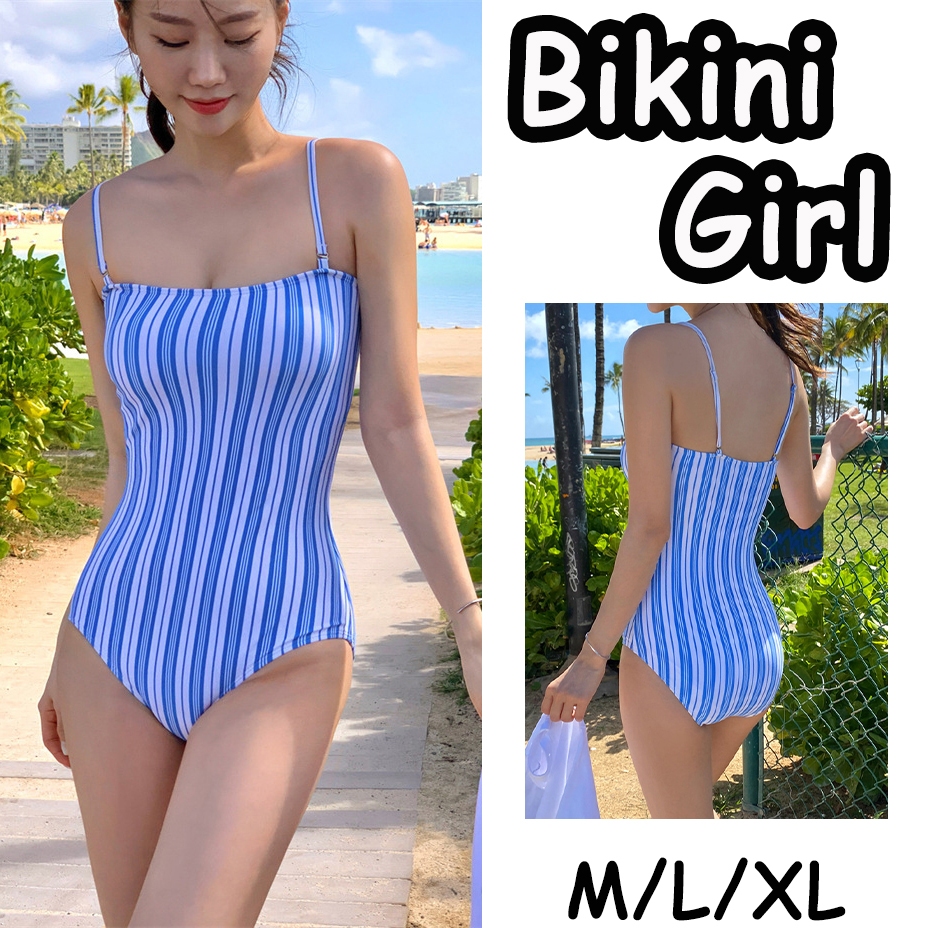 Bikini Girl ชุดว่ายน้ำวันพีช ✨แถบแนวตั้งสีน้ำเงินและสีขาว🩱ชุดว่าย🚚ส่งไวจากไทย1-3วัน#0320