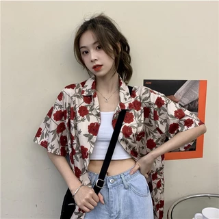 Know you เสื้อเชิ้ตแขนสั้นลายดอกกุหลาบน่ารัก ดีไซน์โดดเด่น สวยสะดุดตา พร้อมส่ง