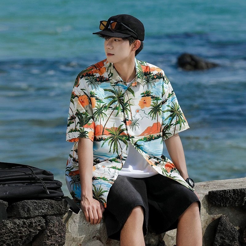 knowyou เสื้อเชิ้ตลายทะเลและต้นมะพร้าว สีสันสดใส ใส่ได้ทั้งชาย/หญิง