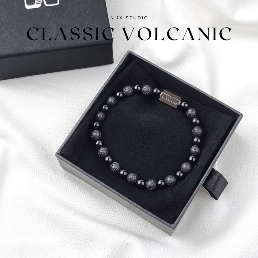 N.IX กำไลหิน The Classic - Volcanic หินโอนิกซ์ หินลาวา ขนาดหิน 6มม. (Retro Gun, Black, Silver)
