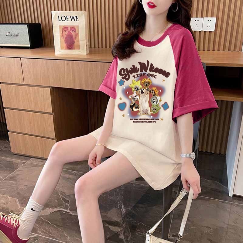 เสื้อแขนสั้นแฟชั่น Oversize (อก 46 นิ้ว) สกีลลายน้องสุนัข แขนทูโทน มี 4 สี ผ้าคอตตอล A74