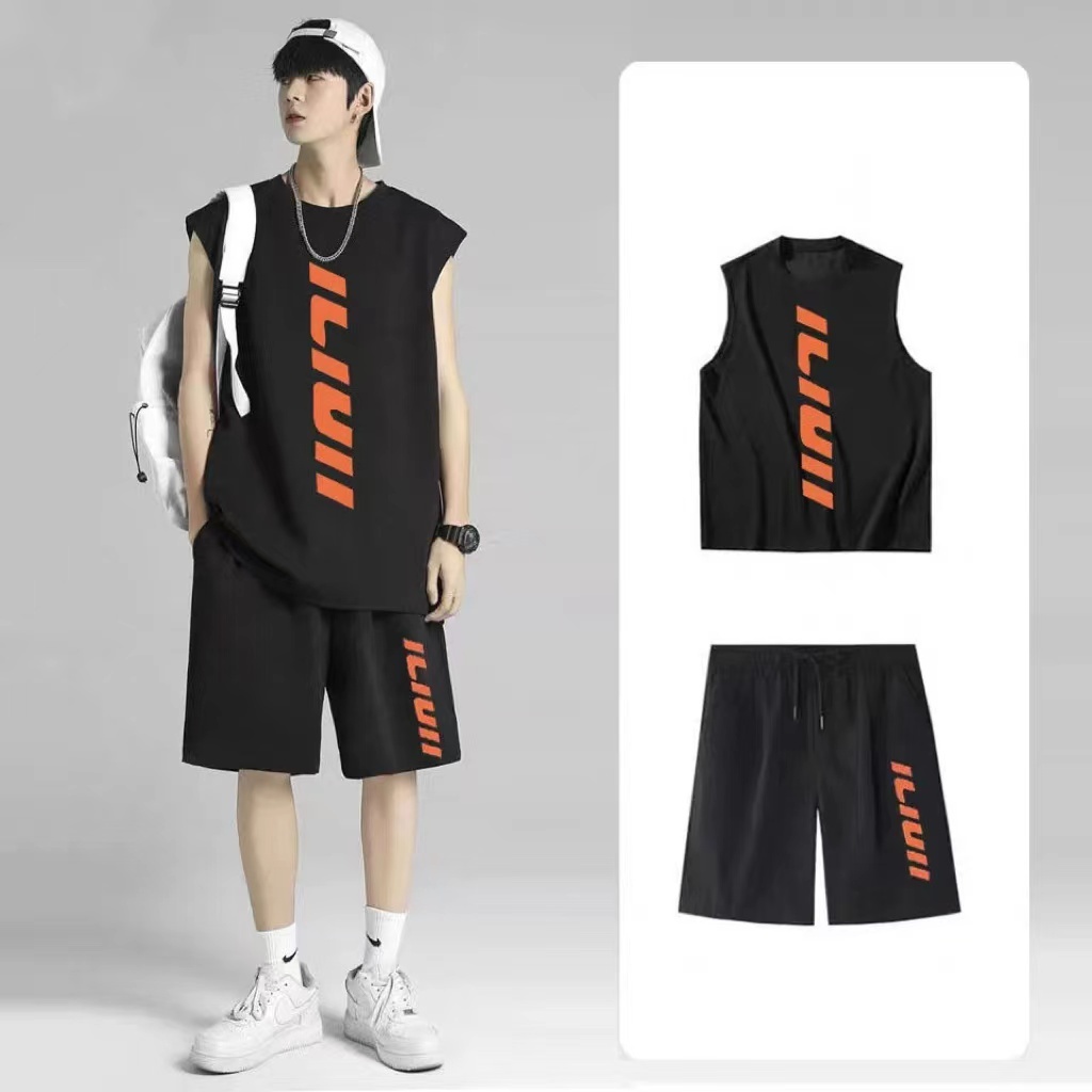 ชุดกีฬาชายและหญิงชุดกีฬาผ้าไหมน้ำแข็งแห้งเร็วเสื้อกั๊กลำลองเสื้อยืด + กางเกงขาสั้นชุดวิ่งจ๊อกกิ้ง