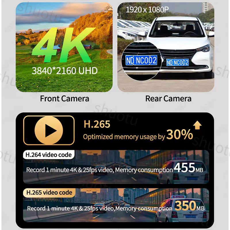 4K กล้องติดรถยนต์+กล้องหลังฟรี 10.26นิ้ว TouchScreen DVR WIFI บลูทู ธ เสียงควบคุมฟังก์ชั่น Android Auto carplay Dash Cam thumbnail 5