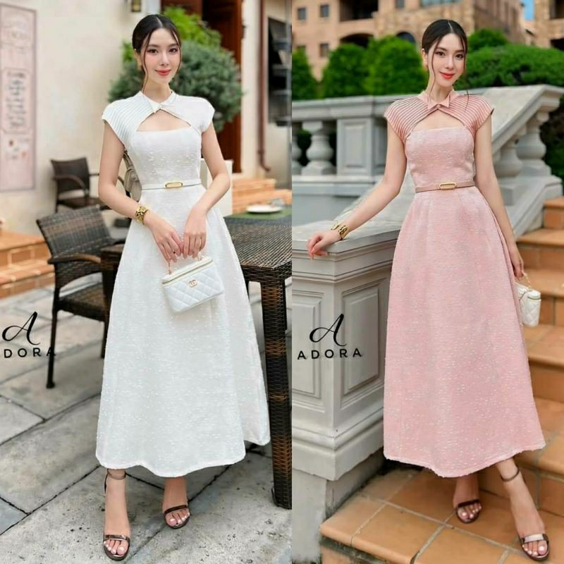 (S-XL) ADORA พร้อมส่ง2สี แม๊คซี่เดรสดีไซน์ช่วงอกเก๋ +กระโปรงทรงเอ+เข็มขัดเข้าเซท เนื้อผ้าทอทั้งชุดงานเกรดพรีเมี่ยม