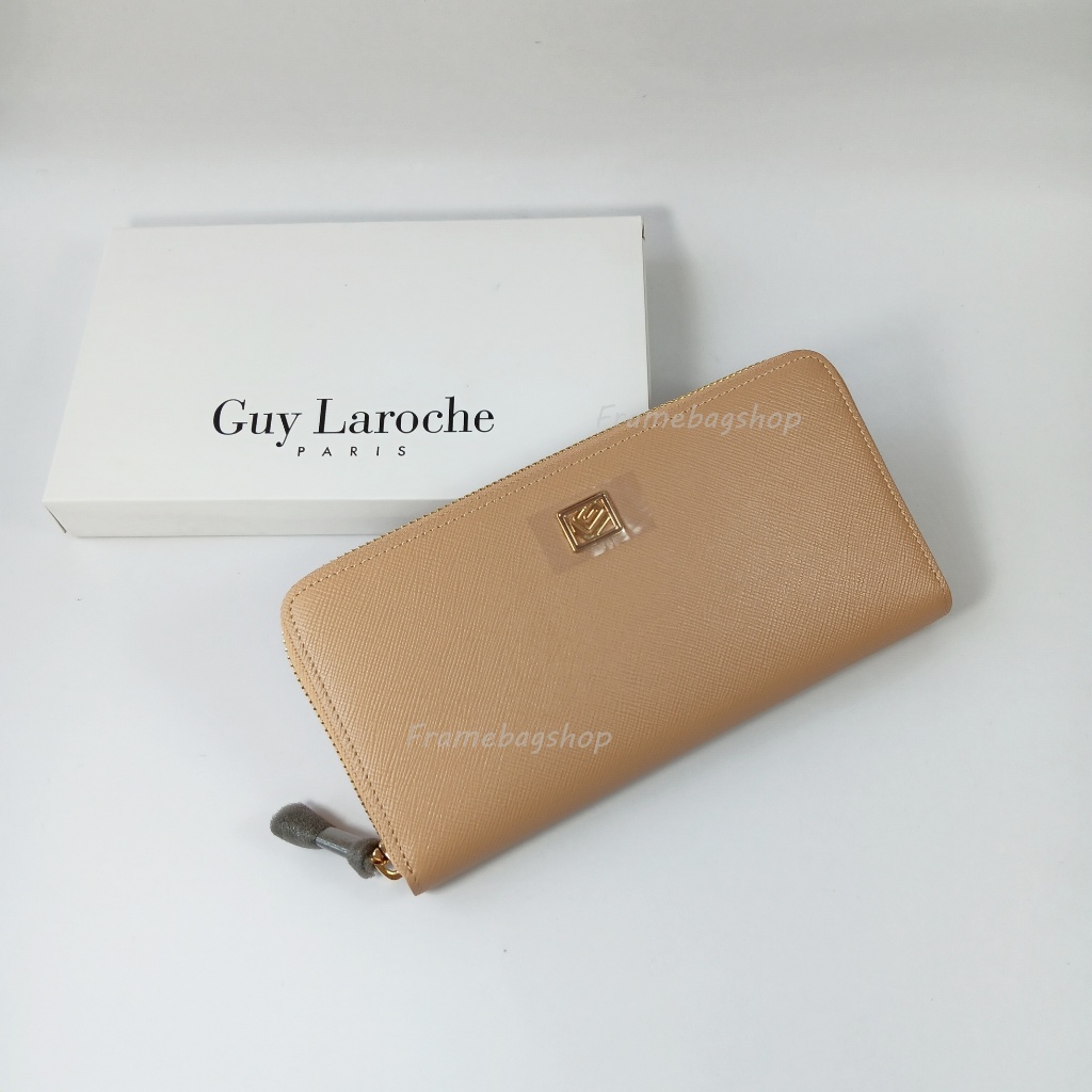 Guy Laroche กระเป๋าสตางค์ผู้หญิงใบยาว ซิปรอบ สี beige หนังลาย อะไหล่ทอง หนังแท้100%