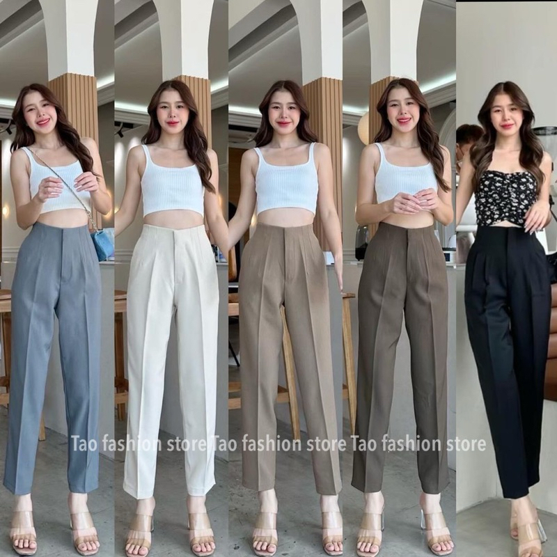 กางเกงขากระบอกเล็กดีเทลไร้ขอบเอว งานซิปหน้าตะขอหน้า ผ้าออดี้