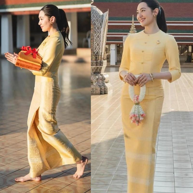 ชุดไทยจิตรลดาแขนยาวสีเหลือง ทรงสวย เข้ารูป พิมพ์ลาย ผ้าอัดกาว ชุดไทยใส่ออกงาน ชุดพิธีการ ชุดใส่งานบุญ