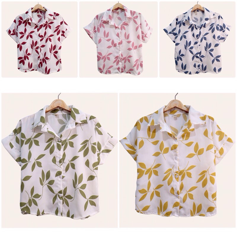 (อก 42”) เสื้อเชิ้ต เเขนสั้น ผ่าหน้า ลายใบ ผ้าสลาฟ ใส่สบาย