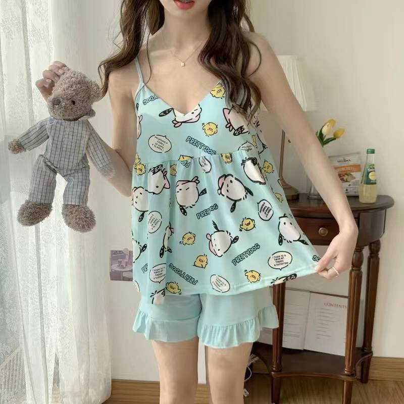 พร้อมส่ง ชุดนอนสายเดี่ยว ผ้าคอตตอน เสื้อสายเดี่ยว+กางเกง มีฟองน้ำ น่ารักเซ็กซี่ ฟรีไซส์