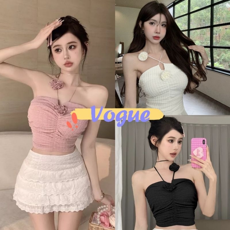 Vogue พร้อมส่ง เสื้อเกะอกไหมพรม ดีเทลสายคล้องคอ ติดดอกไม้ (Y0905)