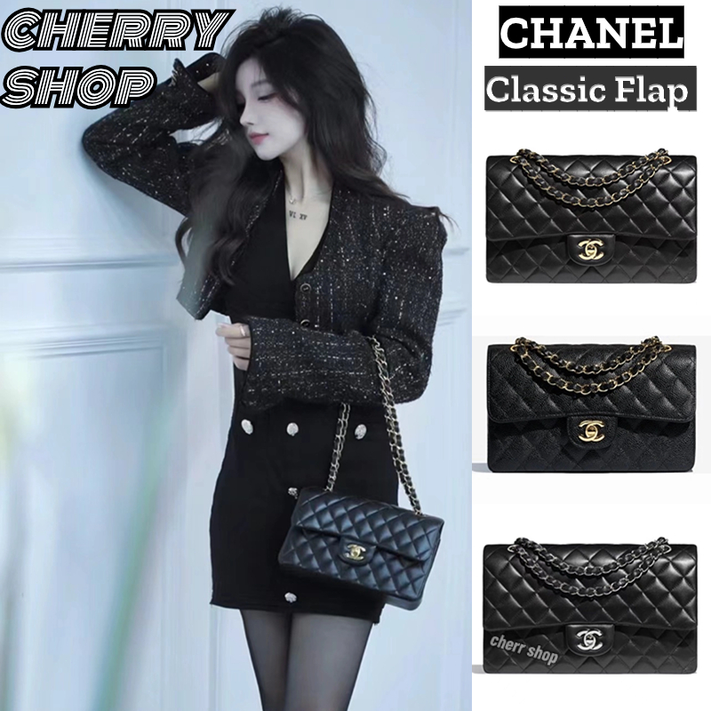 🍒ชาแนล Chanel Classic Flap CF BAG🍒กระเป๋าโซ่/กระเป๋าสะพายสุภาพสตรี Black gold 23cm&amp;25cm A01112🍒