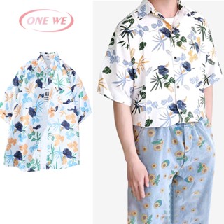 ONE-WE แขนสั้น แบบบาง ทรงหลวม ลายดอกไม้ สไตล์ฮ่องกง เรโทร เห…