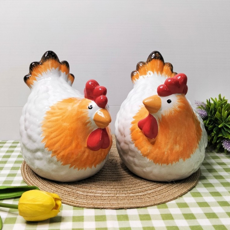 ตุ๊กตาเซรามิคแต่งสวน ไก่เซรามิค 7*9นิ้ว ตุ๊กตาแต่งสวนตัวใหญ่   ไก่แจ้ (คู่) สีขาวส้ม สไตล์มินิมอล