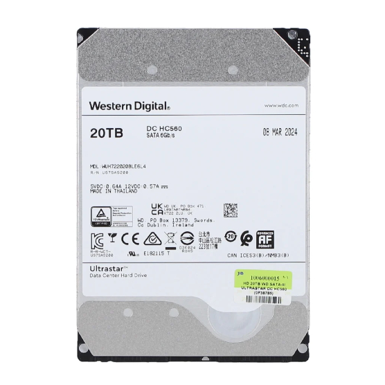 20 TB 3.5" HDD (ฮาร์ดดิสก์ 3.5") WD ULTRASTAR DC HC560 - 7200RPM SATA3 (0F38785)