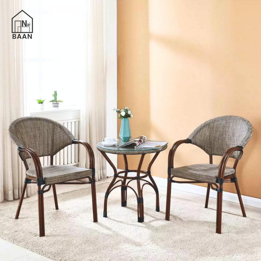 Naibaan ชุดโต๊ะเก้าอี้หวาย 2 ที่นั่ง วัสดุหวายเทียม PE โครงเหล็ก สำหรับระเบียง Rattan Table Set
