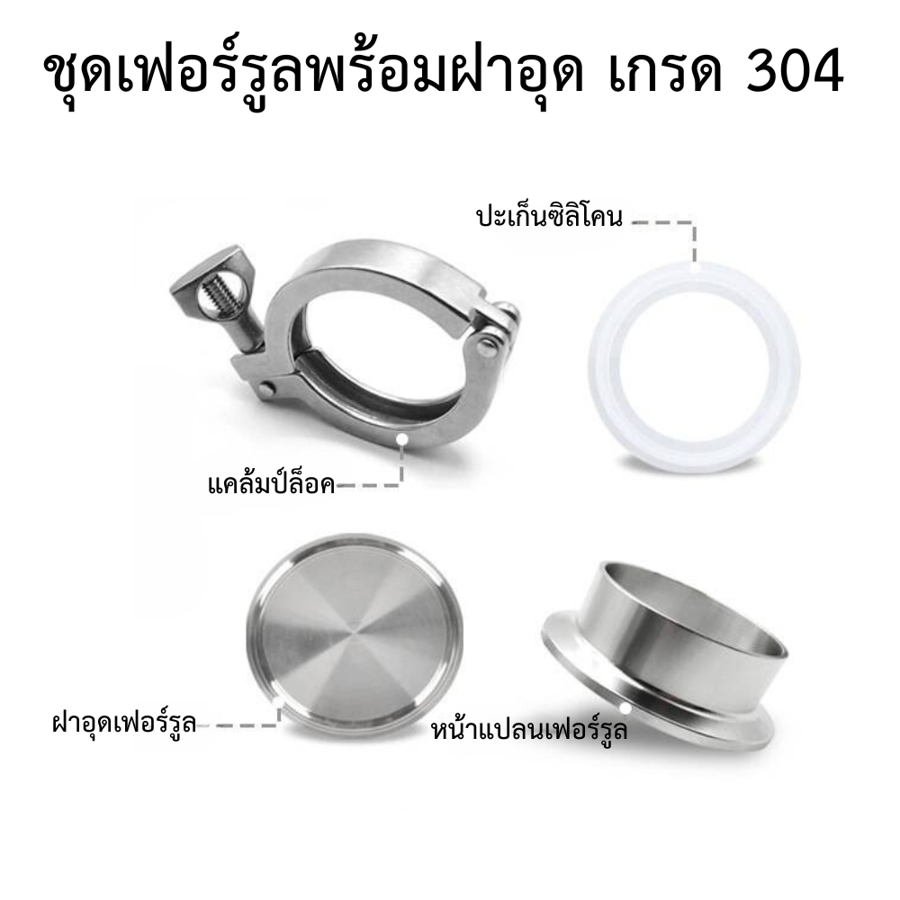 ชุดเฟอร์รูลพร้อมฝาอุด SS304 (หน้าแปลน 1 ชิ้น + ปะเก็นยางซิลิโคน 1 ชิ้น + ฝาอุด 1 ชิ้น +แคล้มป์รัด 1 ชิ้น) / 1 Set