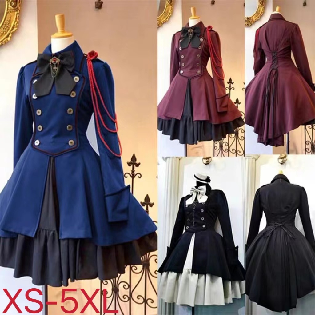 วินเทจกอธิค Lolita แต่งตัว OP บัวใบโบว์ปุ่มลูกไม้ขึ้นเข่าความยาวแต่งตัวแขนยาวสวี