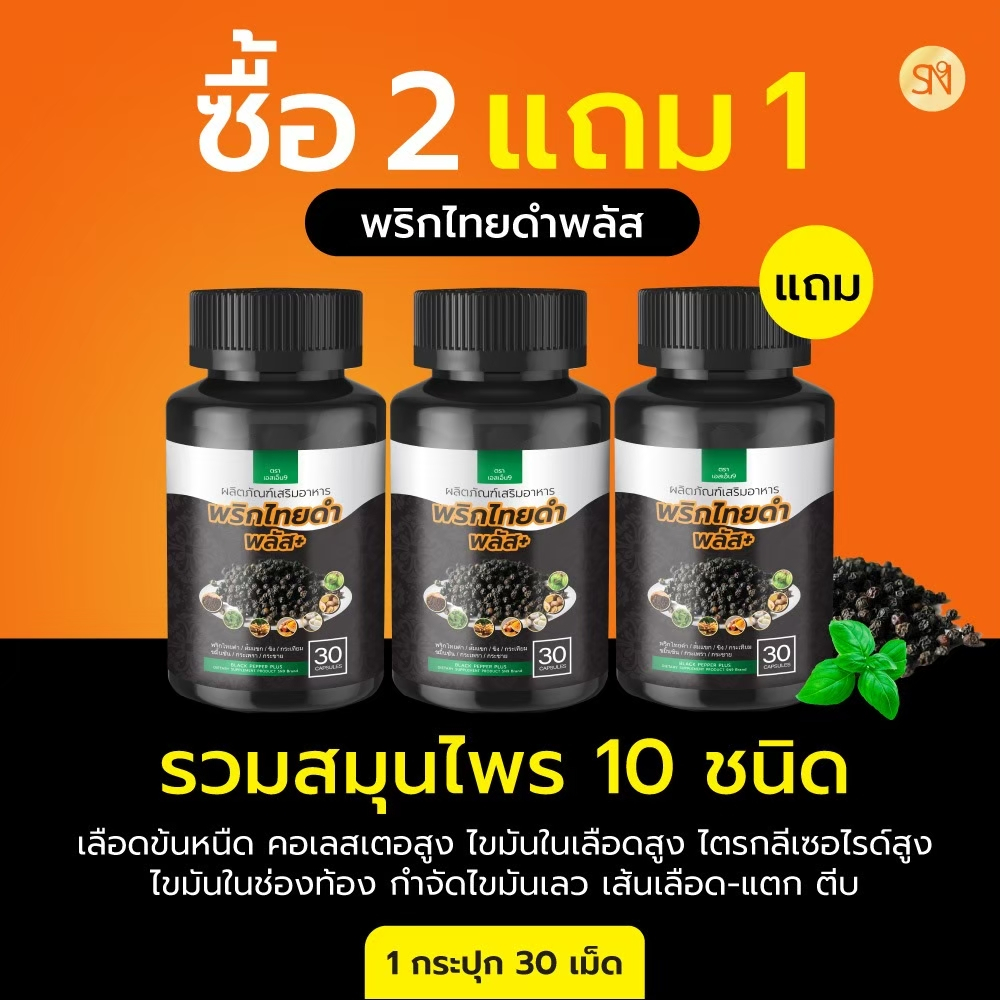 Sn9 สมุนไพร พริกไทยดำ แคปซูล สูตรคีโต เผาพลาญไขมัน ความดัน คอเลสเตอรอล 1 กระปุก 30 แคปซูล