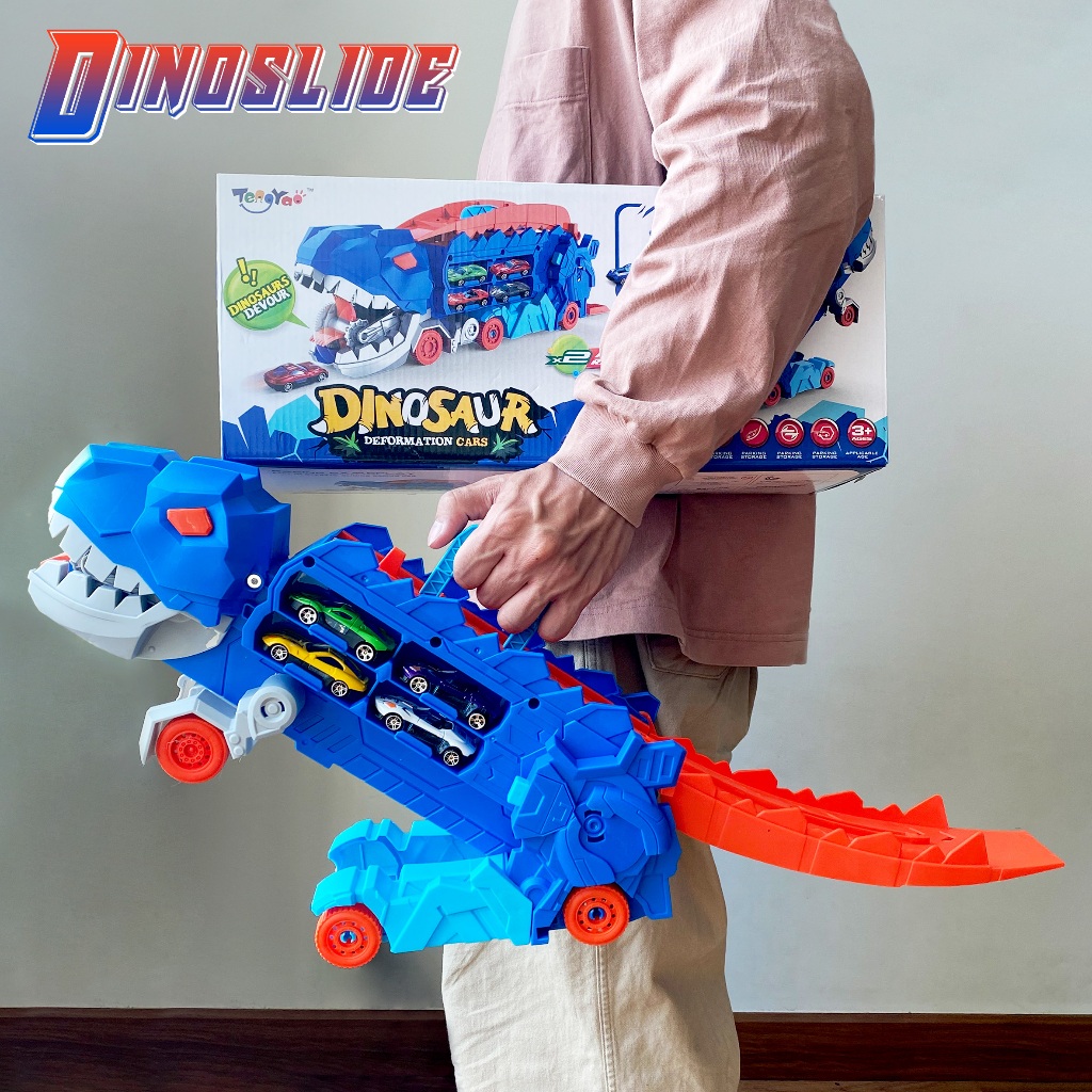 ชุดรถของเล่น รถรางไดโน พร้อมรถแข่ง10คัน DINOSLIDE รถของเล่นเด็ก คันใหญ่เปลี่ยนเป็นรางสไลด์ได้