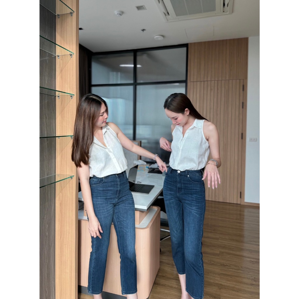 LDB5-67507 กางเกงยีนส์ทรงกระบอกสีเข้ม ยืดได้เยอะ ใส่สบายระบายอากาศ