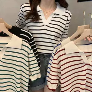 🌩พร้อมส่งเสื้อไหมพรมคอปกแขนสั้นลายทาง-81018