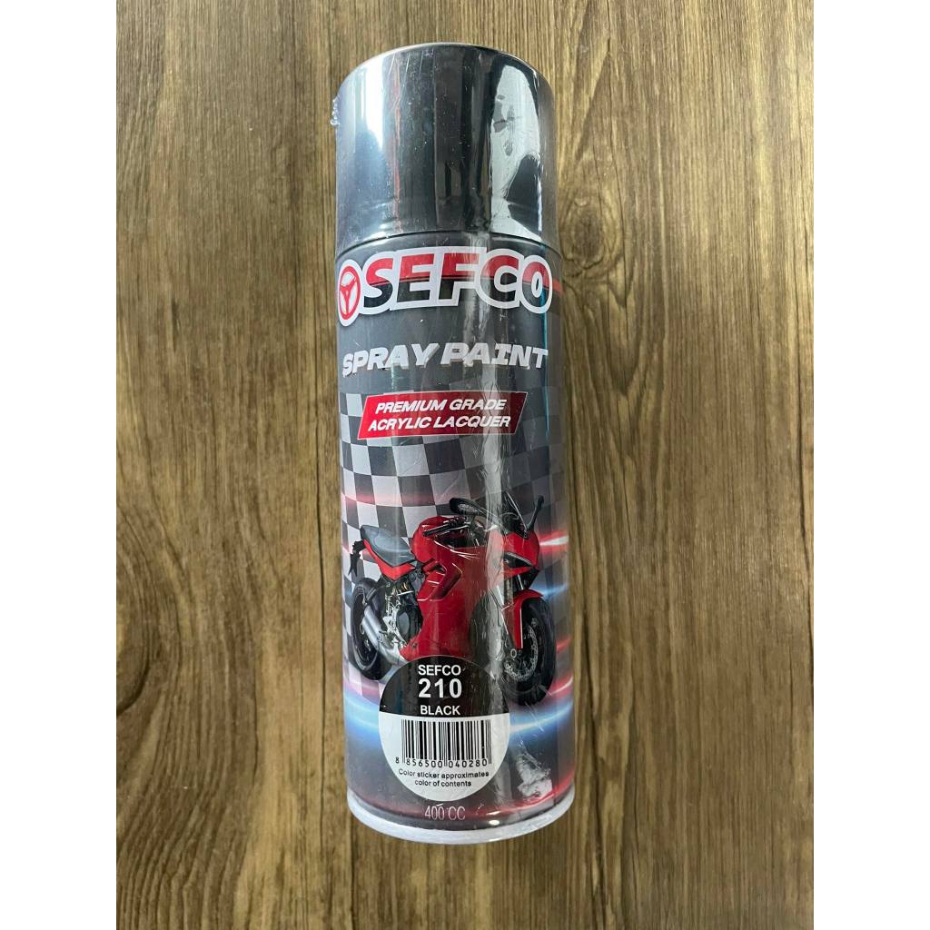สีสเปรย์ดำเงา (BLACK) ยี่ห้อSEFCO ขนาดบรรจุ270กรัม พ่นได้เกือบทุกสภาพผิว เหล็ก ไม้ กระถาง