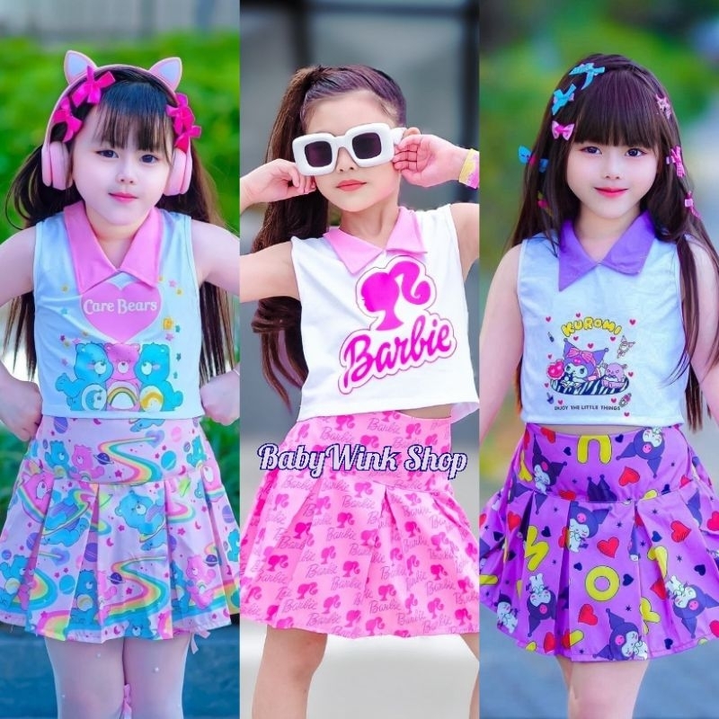 Naa // Nan // ke // po // ชุดเซ็ตเด็ก เสื้อคอปก กระโปรงทวิสพิมพ์ลาย Carebear , Barbie , Kuromi