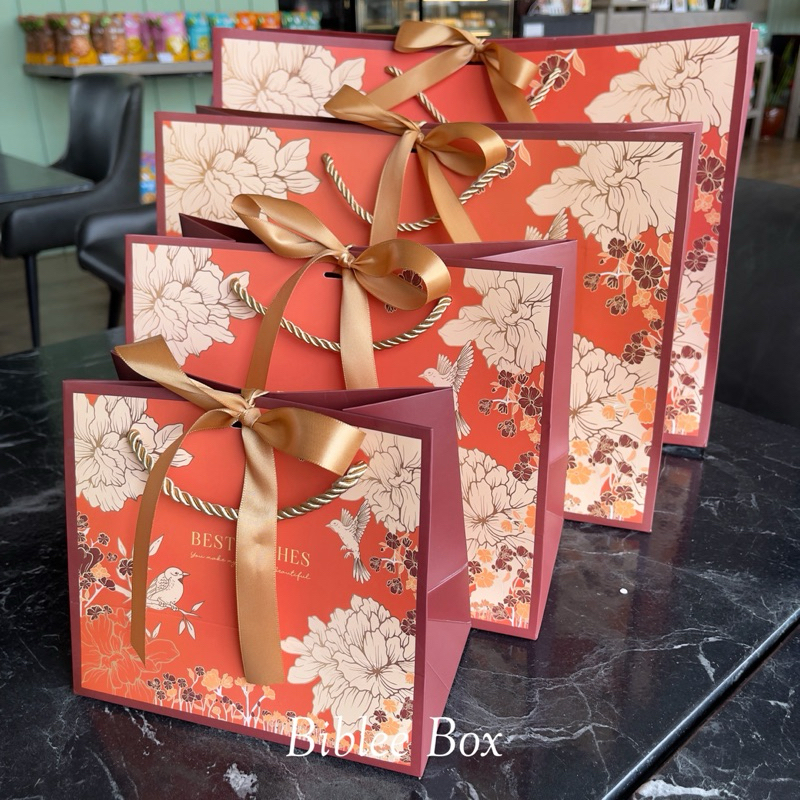 ꒰1ใบ꒱ถุงกระดาษ BEST WISHES โทนสีแดง (หูหิ้วแยก) ริบบิ้น สีทอง