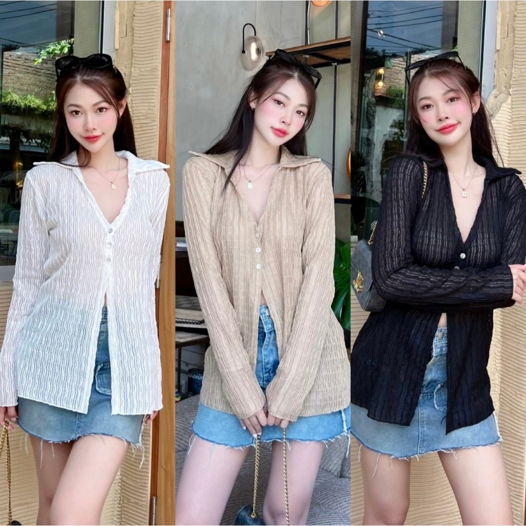 ผ้าลายเส้นรุ่น Queen top - เสื้อแขนยาวคอปก แต่งกระดุมหน้า เสื้อคอปกแหวกหน้า ป้าย SHENNY.