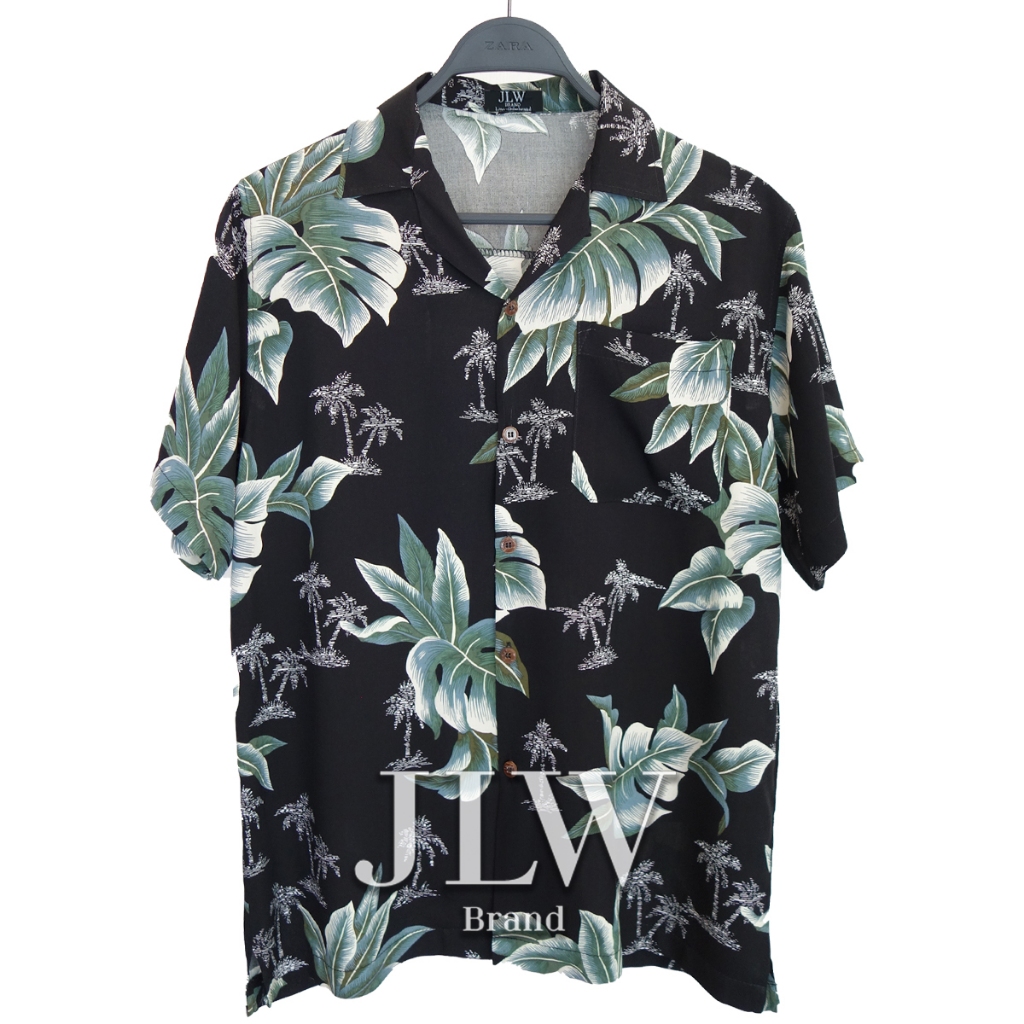 เสื้อฮาวาย ลายมอนสเตอล่าเล็ก ดำ ผ้านิ่มใส่สบาย JLW BRAND ผ้าเรย่อน