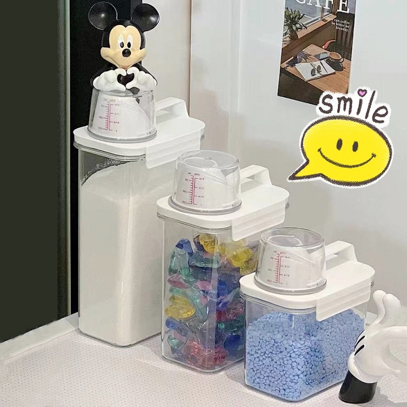 ขวดใส่น้ำยาซักผ้ารีฟิล น้ํายาปรับผ้านุ่ม กล่องเก็บผงซักฟอก ขวดใส่ผงซักฟอก พร้อมฝาปิด และที่จับ พร้อมถ้วยตวง KKHOME