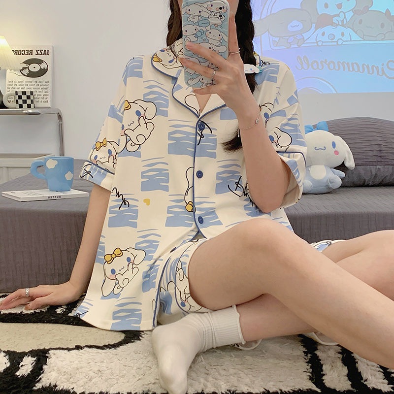 พร้อมส่ง ลายการ์ตูน ผู้หญิง ชุดนอนผ้าคอตตอน แขนสั้นขาสั้น น่ารักสไตล์เกาหลี