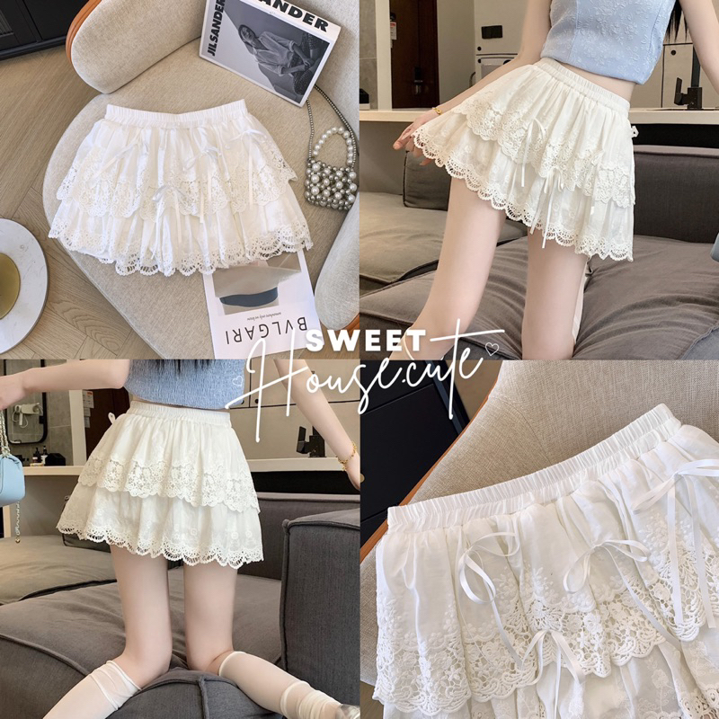 SweetHouse #253 กระโปรงระบายลูกไม้แต่งด้วยโบว์ งานนำเข้าหวานน่ารักปุ๊กปิ๊กมากกก
